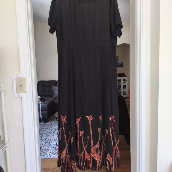 Vintage ORVIS Black Crinkle Maxi Dress Boho Giraffe Nature Safari  Women's Large - Picture 5 of 8